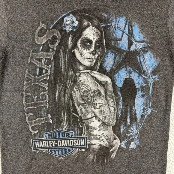 Harley-Davidson T-Shirt Men’s Medium Girl Skull Gray Fort Worth Texas - Picture 2 of 11